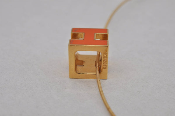 Authentic HERMES Cage De Ash H Cube Pendant Necklace Gold Orange Box 1977J