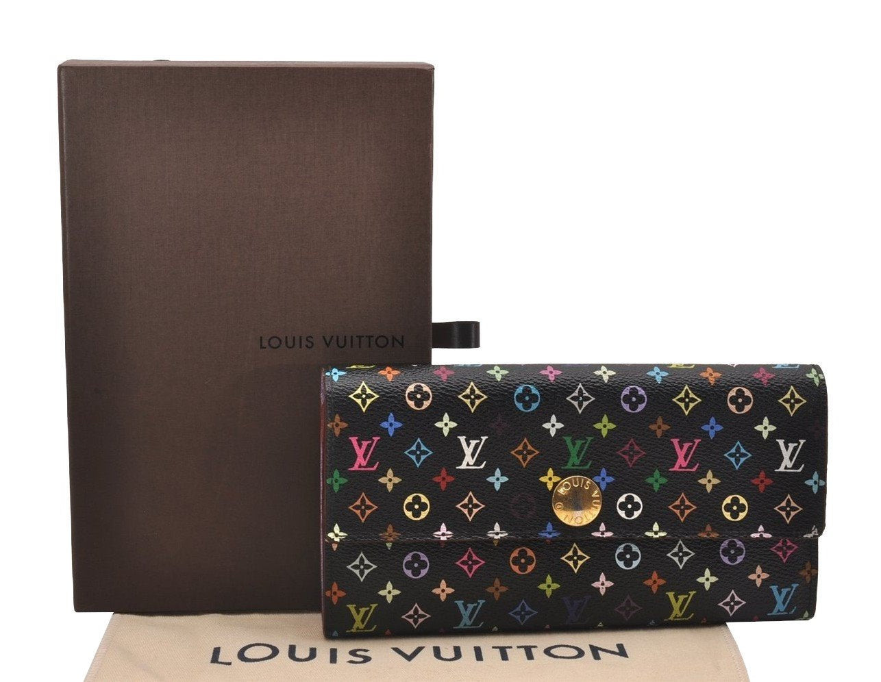 Auth Louis Vuitton Monogram Multicolor Portefeuille Sarah Wallet Black Box 1982J