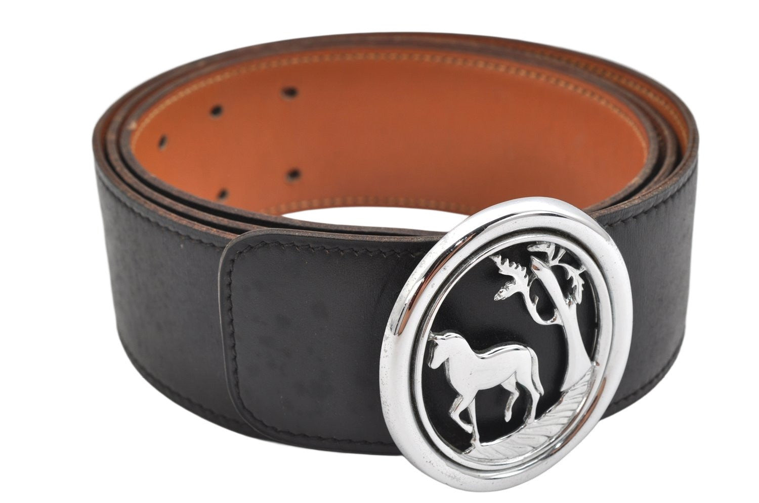 Authentic HERMES Horse Buckle Leather Belt Size 90cm 35.4