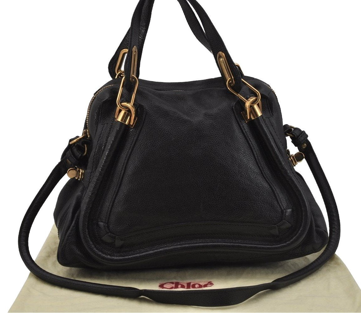 Authentic Chloe Paraty Medium 2Way Shoulder Hand Bag Purse Leather Black 1986J