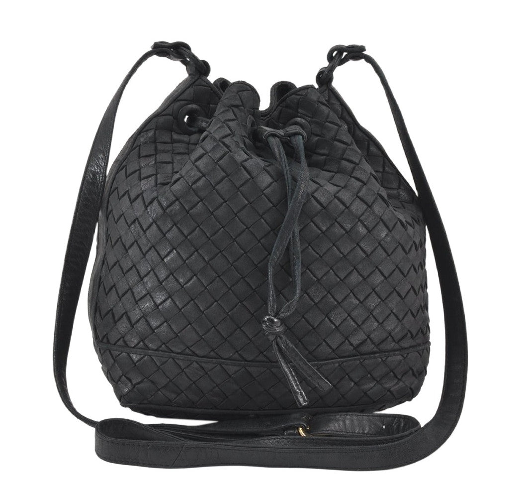 Authentic BOTTEGA VENETA Intrecciato Leather Shoulder Drawstring Bag Black 1986K