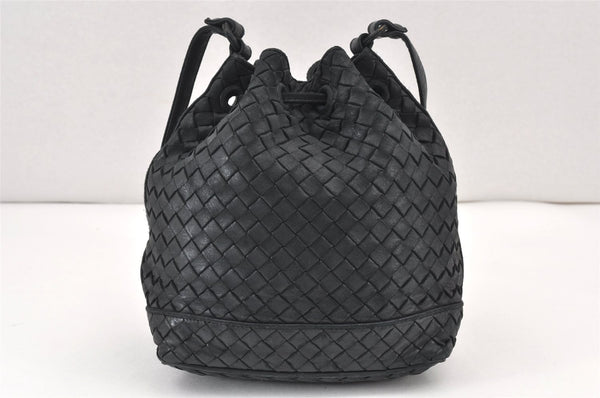 Authentic BOTTEGA VENETA Intrecciato Leather Shoulder Drawstring Bag Black 1986K