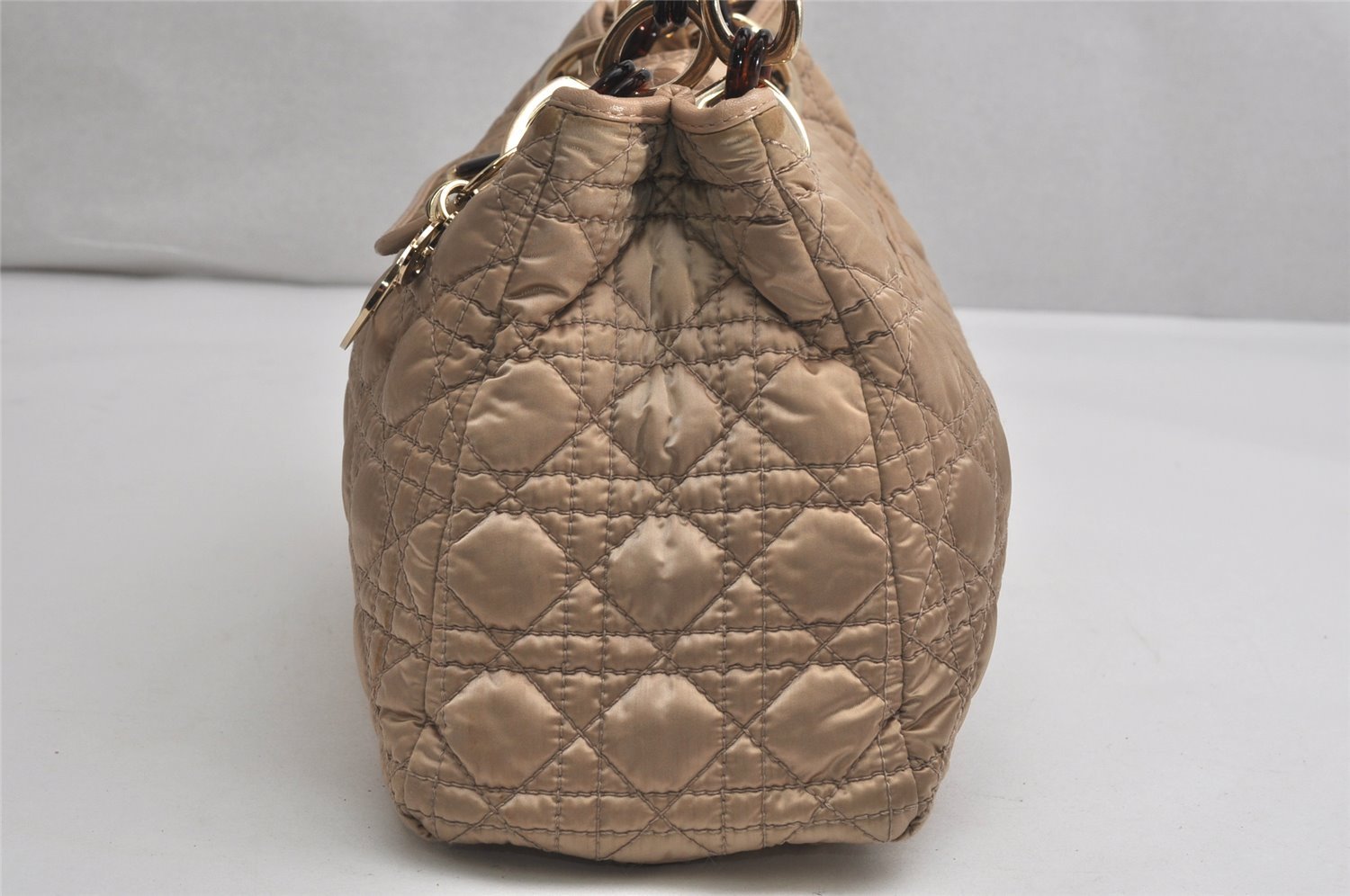 Authentic Christian Dior Cannage Nylon Leather Shoulder Hand Bag Beige CD 1987K