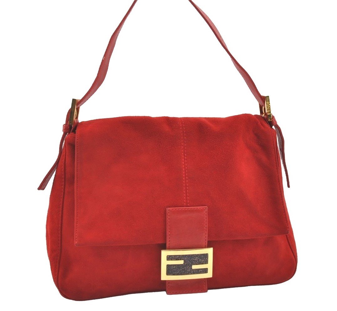 Authentic FENDI Mamma Baguette Shoulder Hand Bag Purse Suede Leather Red 1990J