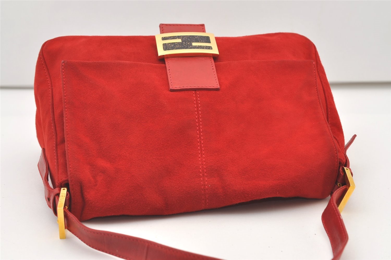 Authentic FENDI Mamma Baguette Shoulder Hand Bag Purse Suede Leather Red 1990J