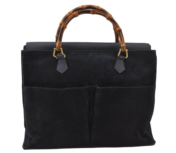 Authentic GUCCI Bamboo 2Way Shoulder Hand Bag Suede Leather Navy 1992J