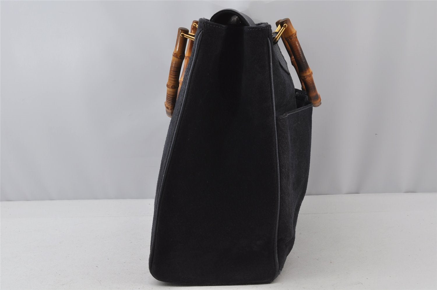 Authentic GUCCI Bamboo 2Way Shoulder Hand Bag Suede Leather Navy 1992J