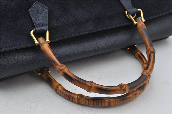Authentic GUCCI Bamboo 2Way Shoulder Hand Bag Suede Leather Navy 1992J