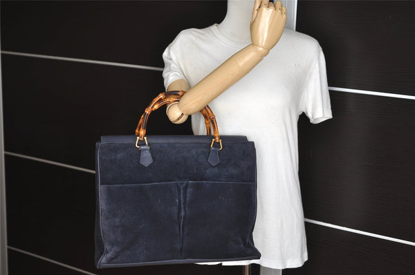 Authentic GUCCI Bamboo 2Way Shoulder Hand Bag Suede Leather Navy 1992J