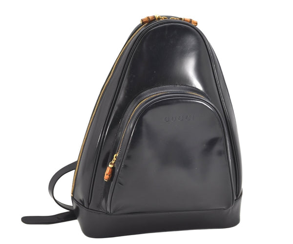 Authentic GUCCI Bamboo Shoulder Cross Bag Enamel Navy Blue Junk 1993K