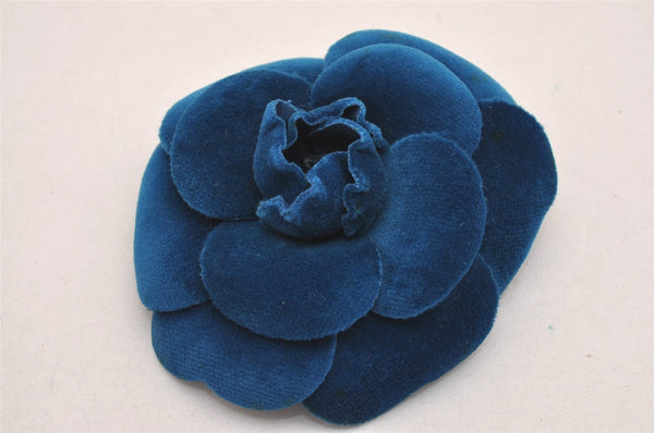 Authentic CHANEL Camellia Vintage Corsage Brooch Velvet Blue Box 1994J