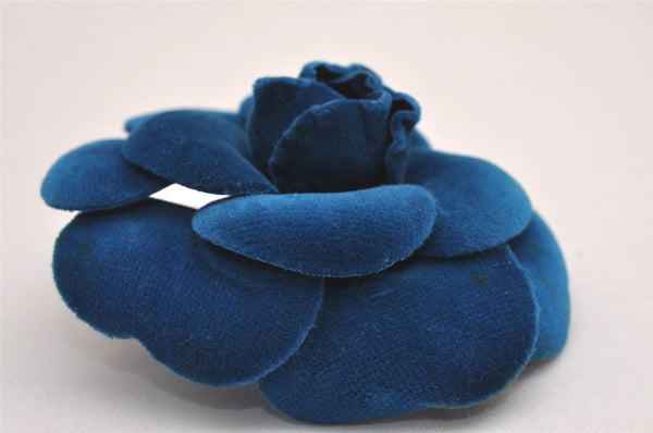 Authentic CHANEL Camellia Vintage Corsage Brooch Velvet Blue Box 1994J