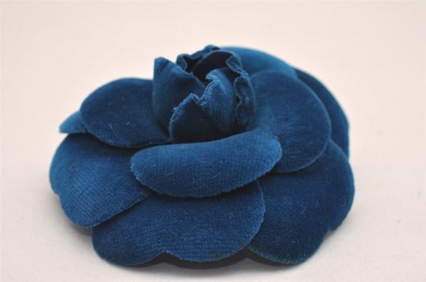 Authentic CHANEL Camellia Vintage Corsage Brooch Velvet Blue Box 1994J