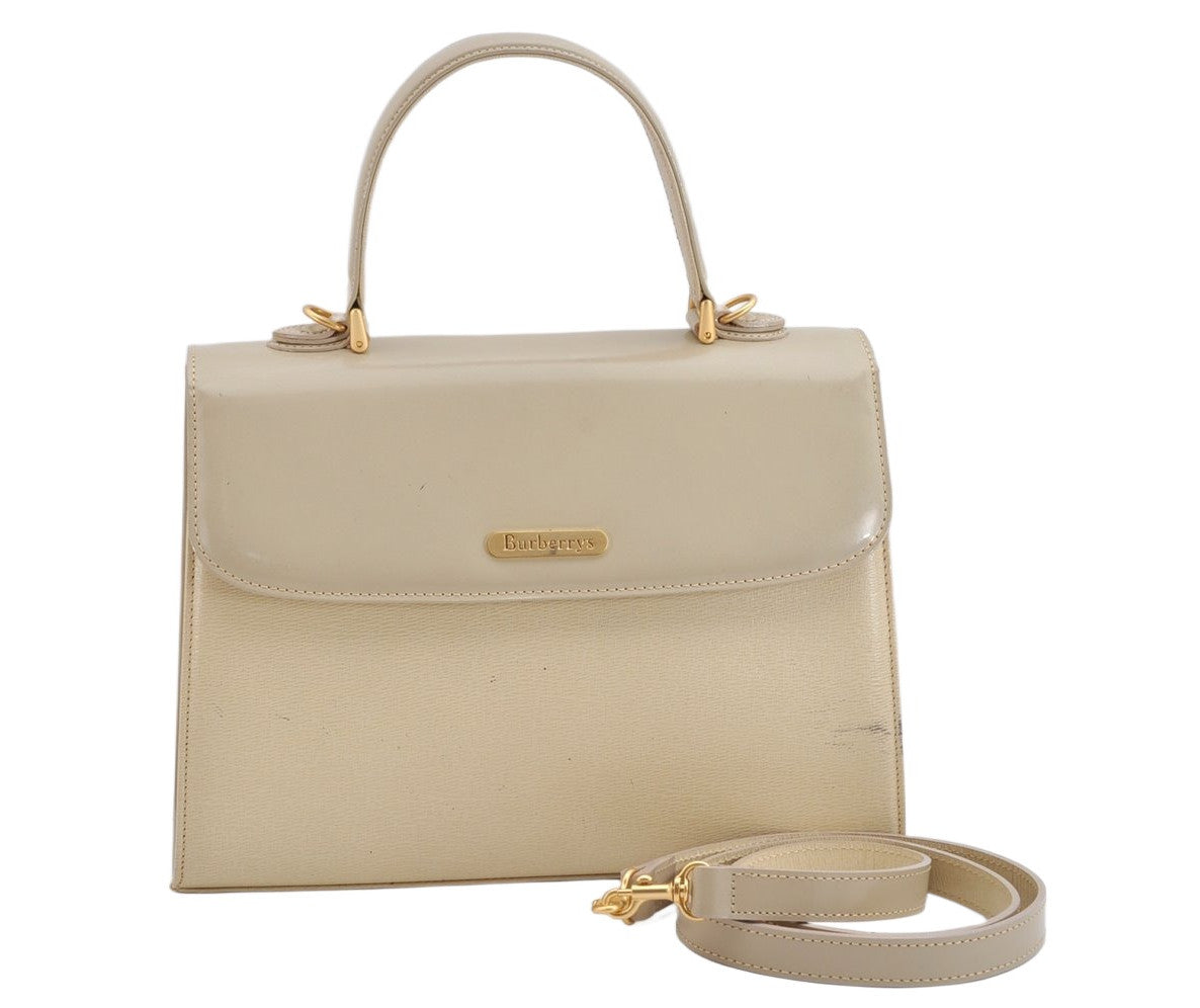 Authentic Burberrys Leather 2Way Shoulder Hand Bag Purse Cream White 1996K