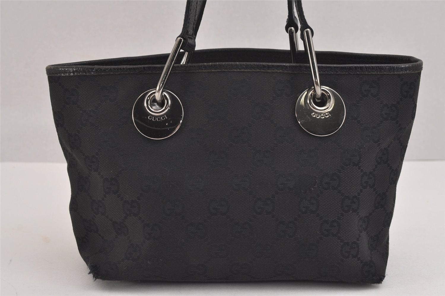 Authentic GUCCI Eclipse Hand Tote Bag Purse GG Canvas Leather 120844 Black 1997J