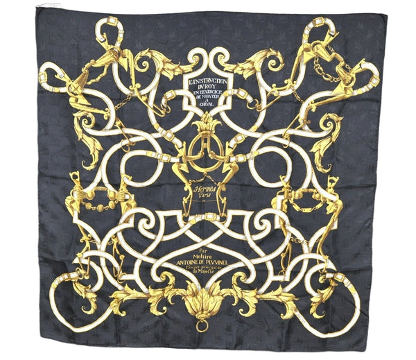 Authentic HERMES Carre 90 Scarf "L'INSTRVCTION DV ROY" Silk Black 1999K