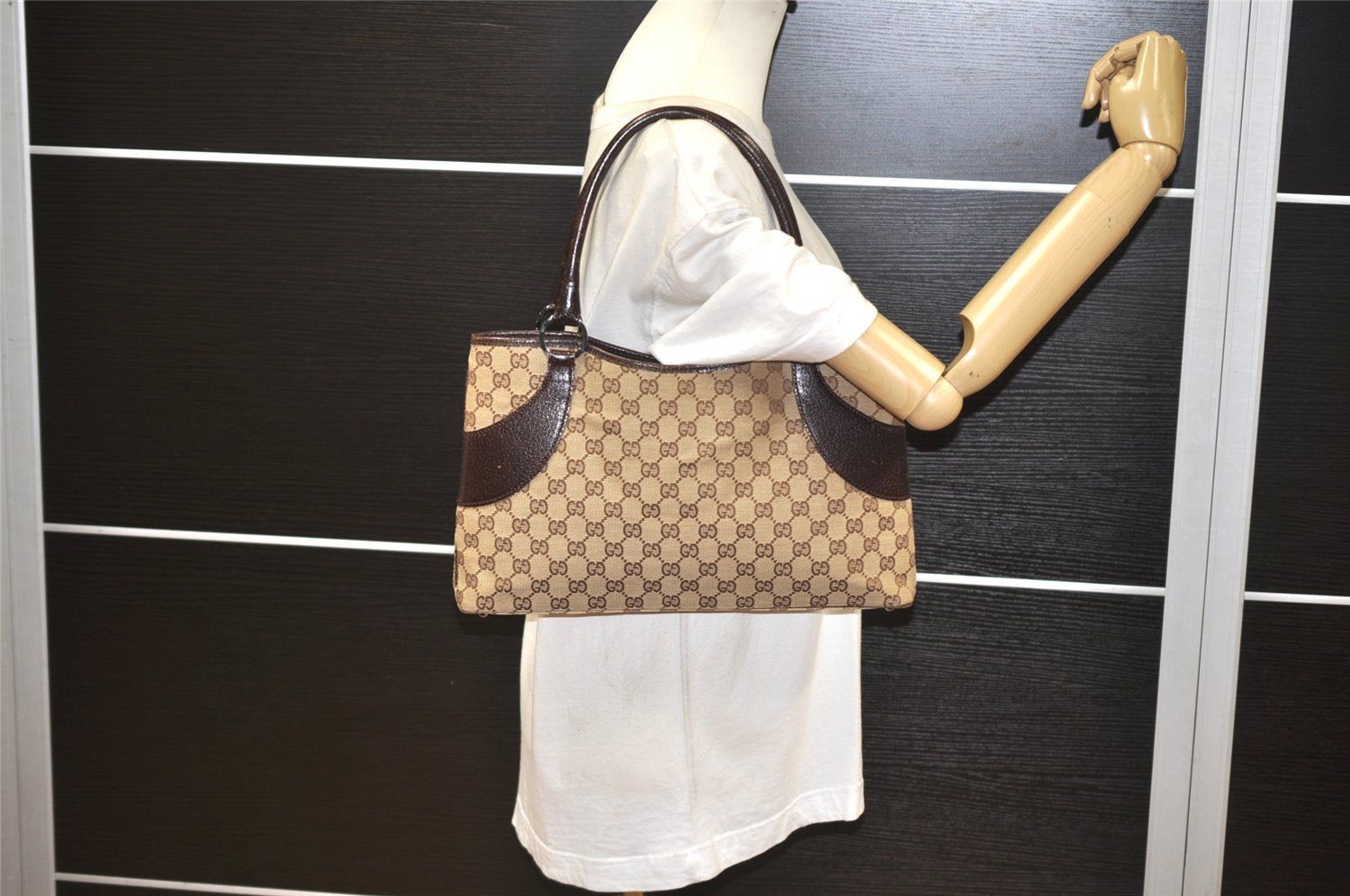 Authentic GUCCI Vintage Shoulder Tote Bag GG Canvas Leather 113015 Brown 2001K