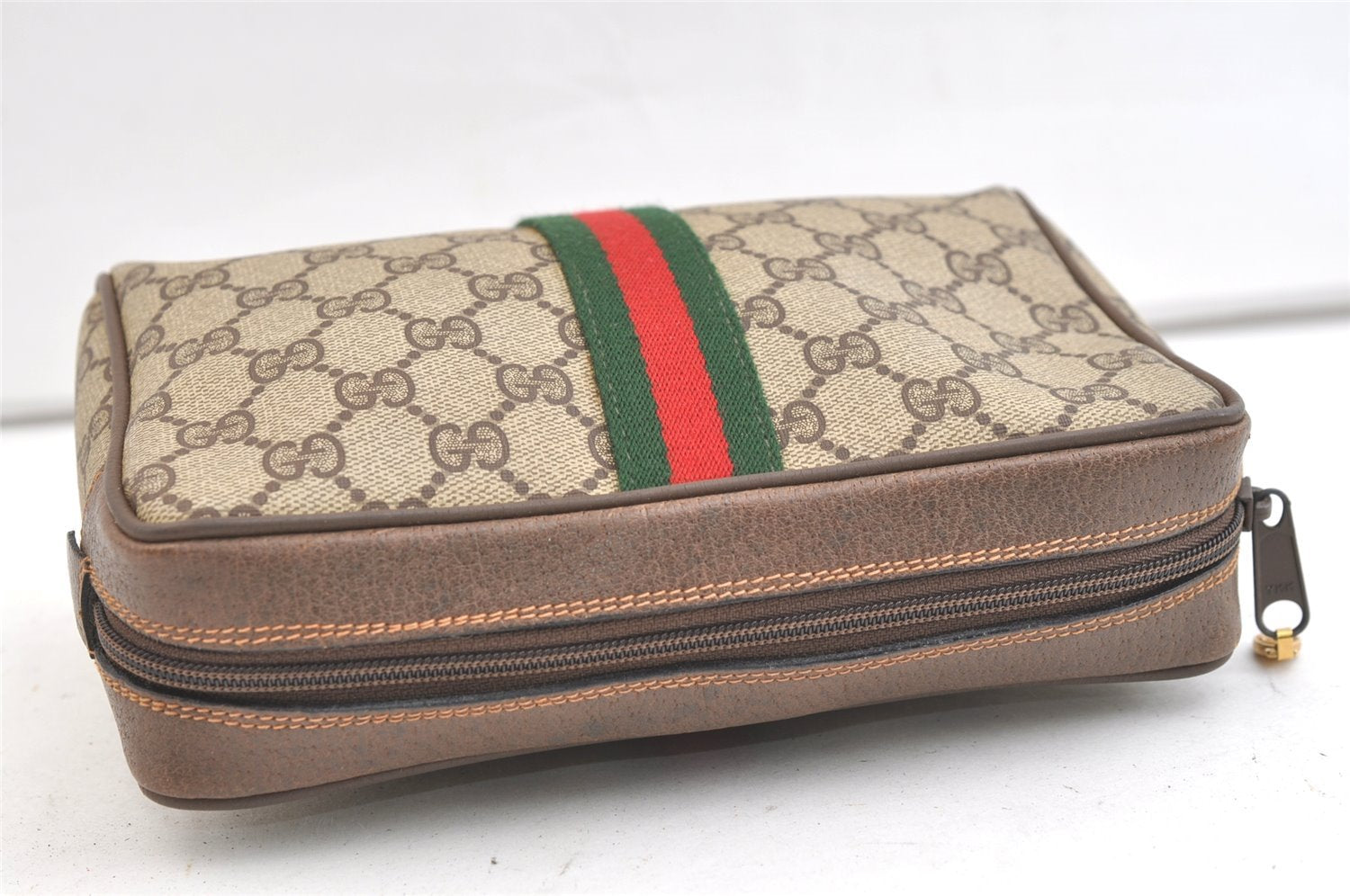 Authentic GUCCI Web Sherry Line Clutch Hand Bag Purse GG PVC Leather Brown 2004K