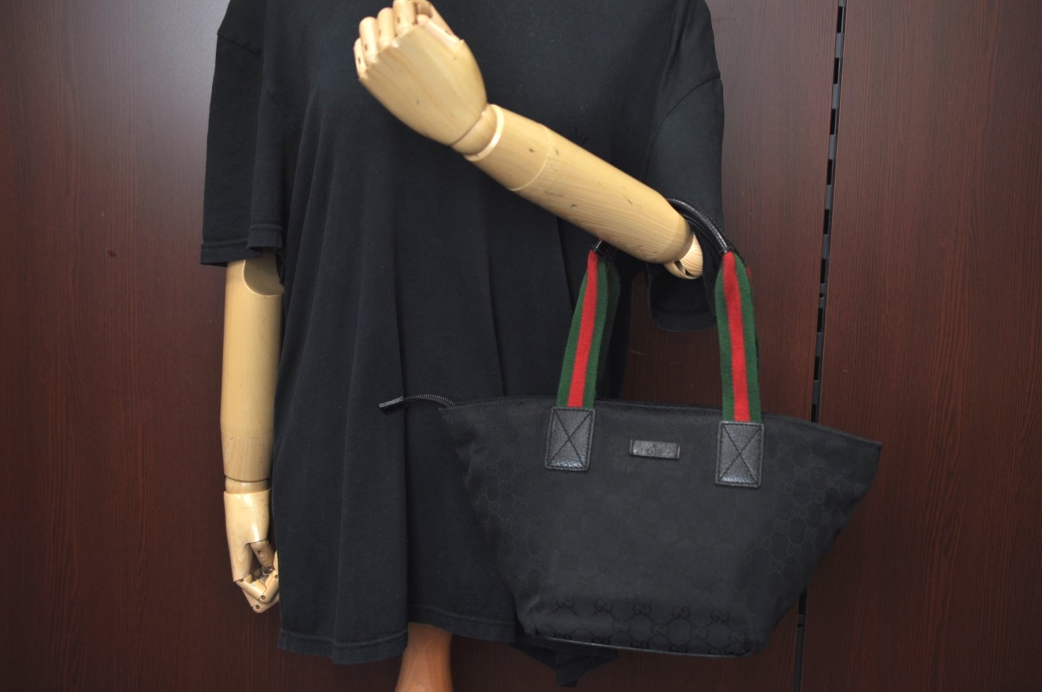 Authentic GUCCI Web Sherry Line Tote Bag GG Canvas Leather 131228 Black 2016I