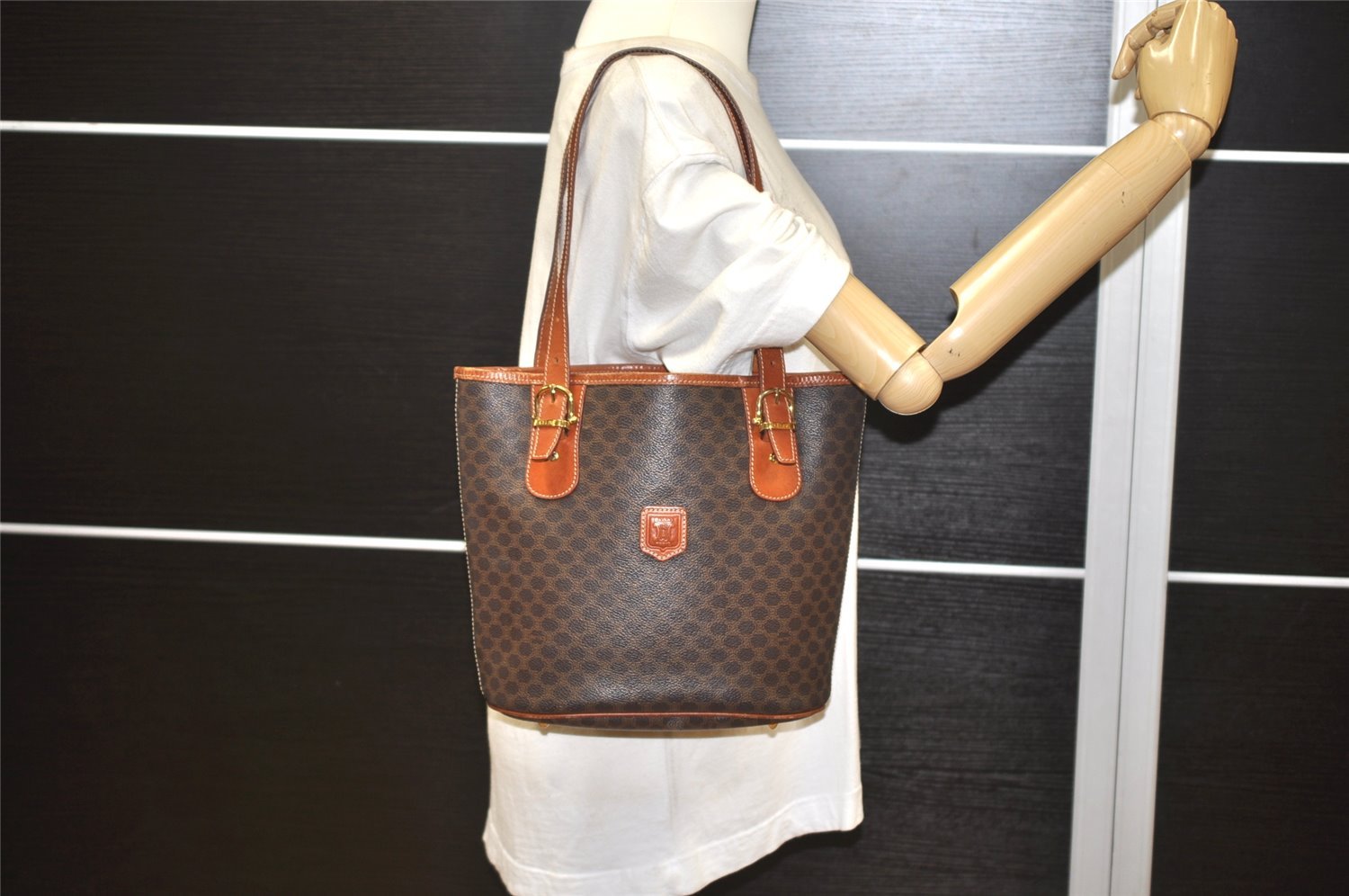 Authentic CELINE Macadam Blason Shoulder Hand Bag Purse PVC Leather Brown 2037K