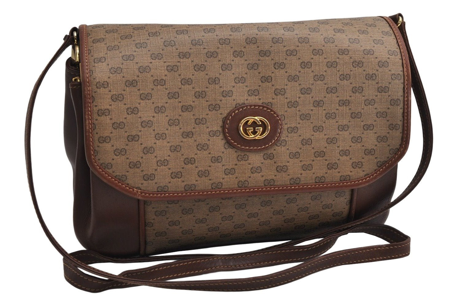 Authentic GUCCI Micro GG PVC Leather Shoulder Cross Body Bag Purse Brown 2038K