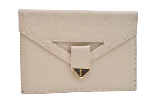 Authentic YVES SAINT LAURENT Clutch Hand Bag Purse Leather Cream White 2049K