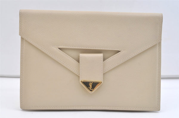 Authentic YVES SAINT LAURENT Clutch Hand Bag Purse Leather Cream White 2049K