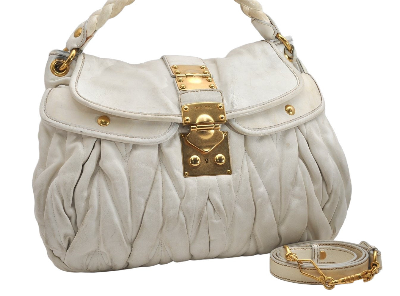 Authentic MIU MIU Vintage Matelasse Leather 2Way Shoulder Hand Bag White 2054K