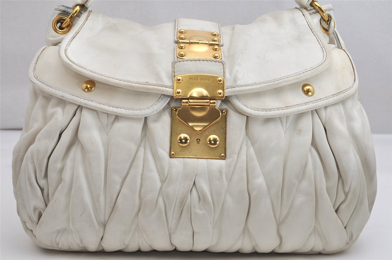 Authentic MIU MIU Vintage Matelasse Leather 2Way Shoulder Hand Bag White 2054K