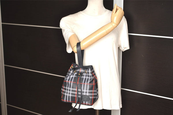 Authentic Burberrys BURBERRYS PVC Leather Drawstring Hand Bag Navy 2055K