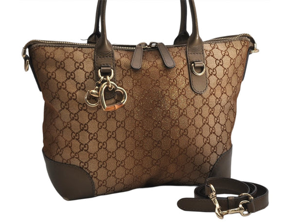 Authentic GUCCI Heart Bit 2Way Shoulder Tote Bag GG Canvas Leather Gold 2056K