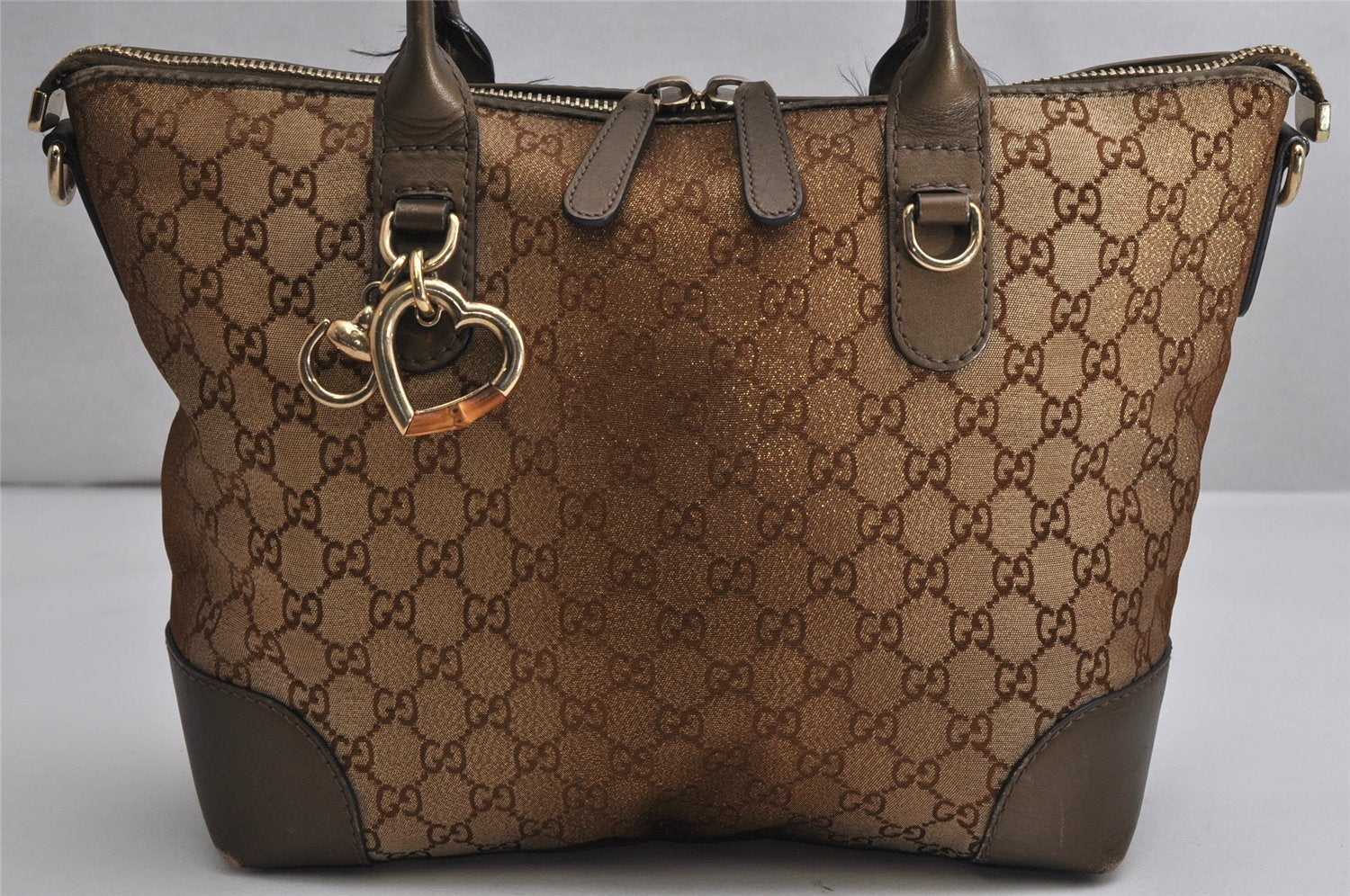 Authentic GUCCI Heart Bit 2Way Shoulder Tote Bag GG Canvas Leather Gold 2056K