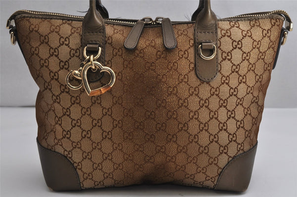 Authentic GUCCI Heart Bit 2Way Shoulder Tote Bag GG Canvas Leather Gold 2056K