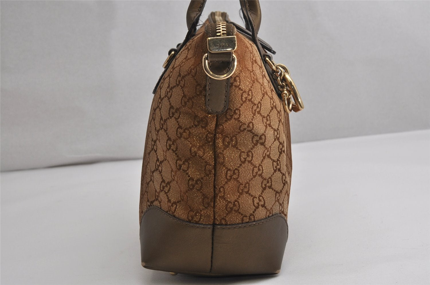 Authentic GUCCI Heart Bit 2Way Shoulder Tote Bag GG Canvas Leather Gold 2056K