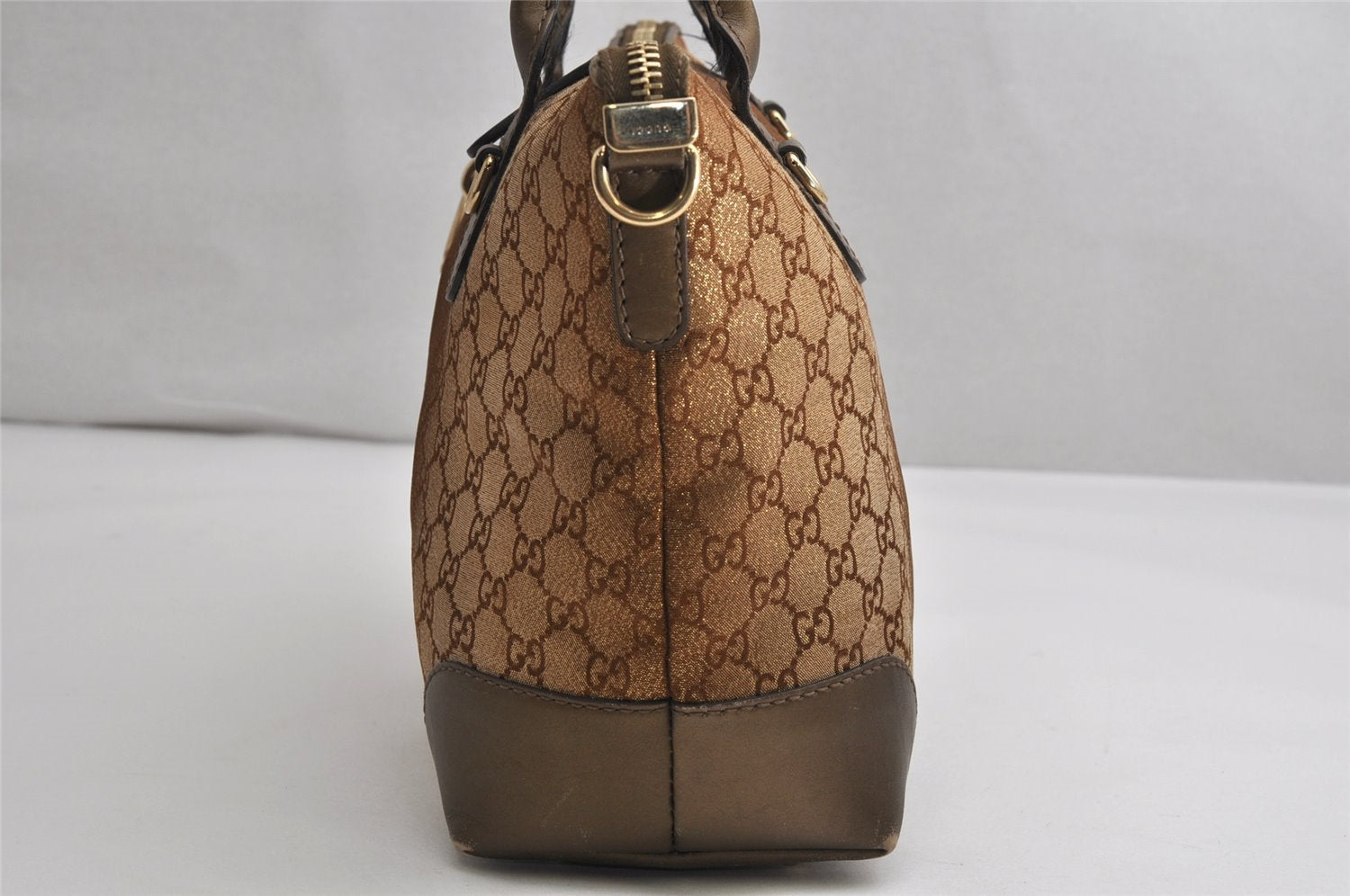 Authentic GUCCI Heart Bit 2Way Shoulder Tote Bag GG Canvas Leather Gold 2056K