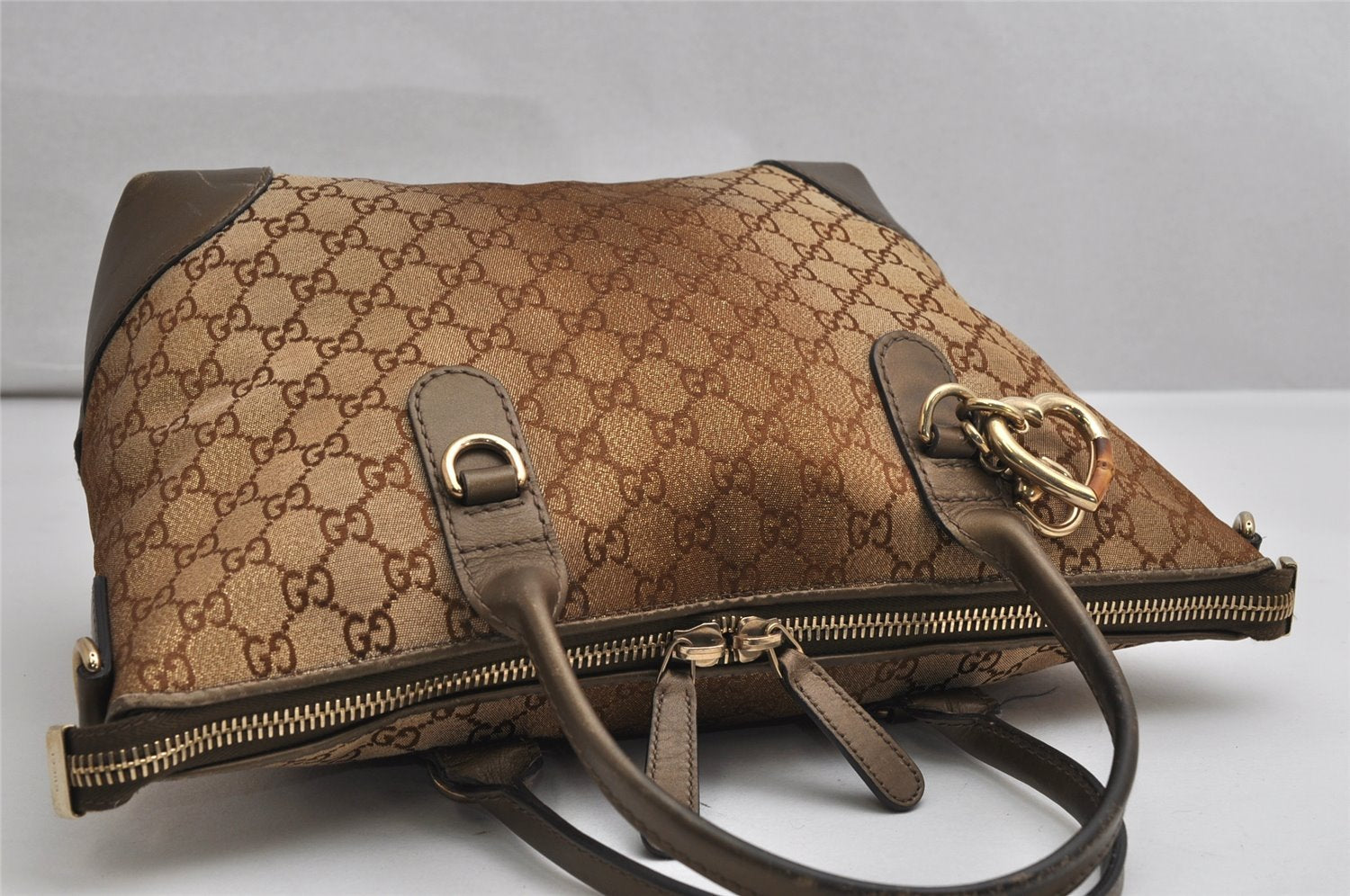 Authentic GUCCI Heart Bit 2Way Shoulder Tote Bag GG Canvas Leather Gold 2056K