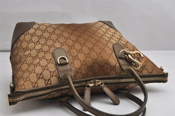 Authentic GUCCI Heart Bit 2Way Shoulder Tote Bag GG Canvas Leather Gold 2056K