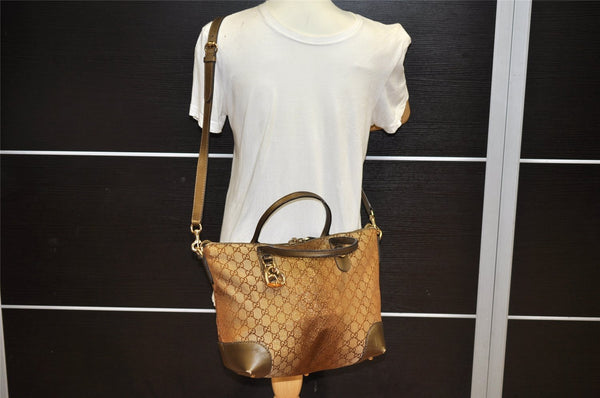 Authentic GUCCI Heart Bit 2Way Shoulder Tote Bag GG Canvas Leather Gold 2056K