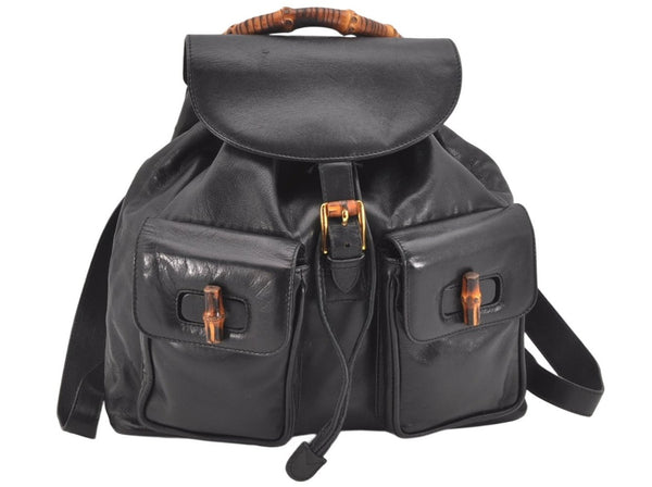 Authentic GUCCI Vintage Bamboo Drawstring Backpack Leather Black 2057K