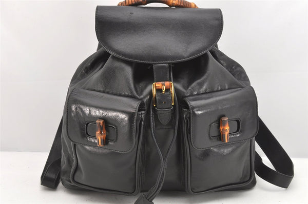 Authentic GUCCI Vintage Bamboo Drawstring Backpack Leather Black 2057K