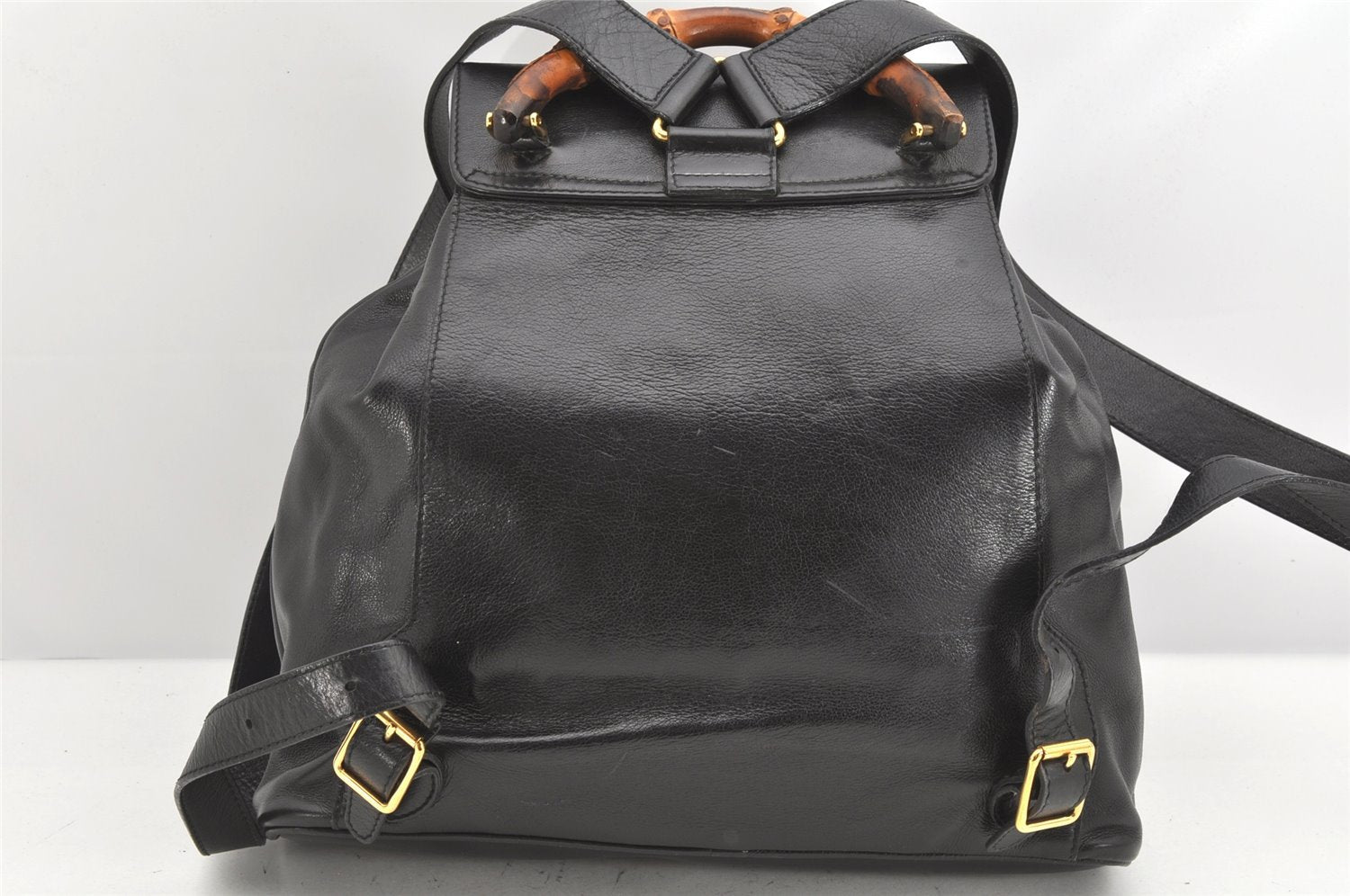 Authentic GUCCI Vintage Bamboo Drawstring Backpack Leather Black 2057K
