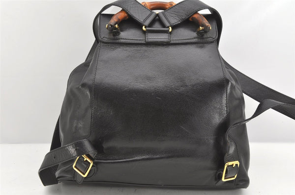 Authentic GUCCI Vintage Bamboo Drawstring Backpack Leather Black 2057K