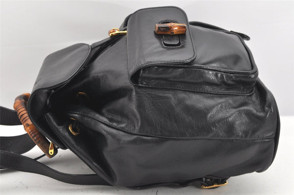 Authentic GUCCI Vintage Bamboo Drawstring Backpack Leather Black 2057K