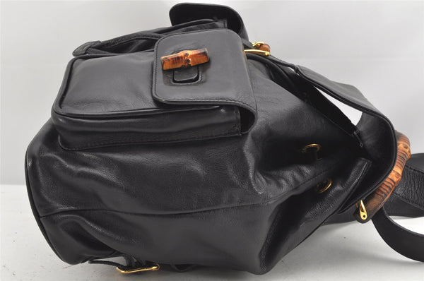 Authentic GUCCI Vintage Bamboo Drawstring Backpack Leather Black 2057K