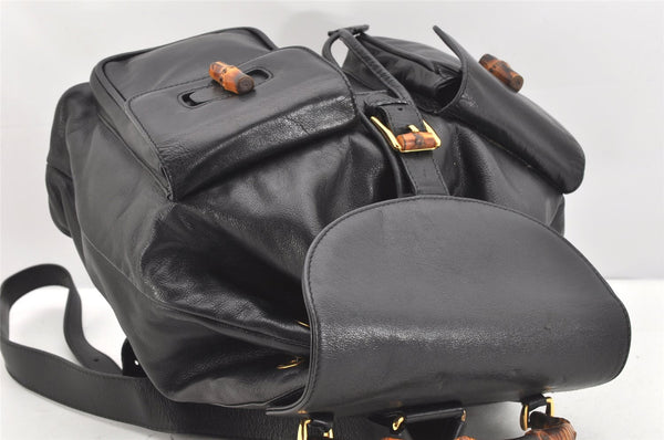 Authentic GUCCI Vintage Bamboo Drawstring Backpack Leather Black 2057K