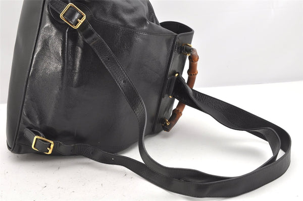 Authentic GUCCI Vintage Bamboo Drawstring Backpack Leather Black 2057K