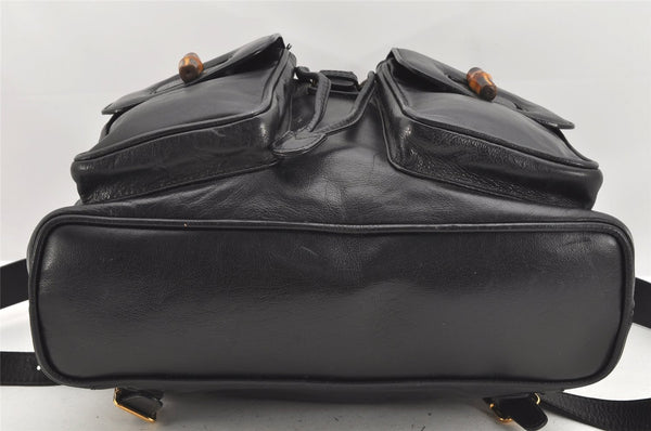 Authentic GUCCI Vintage Bamboo Drawstring Backpack Leather Black 2057K