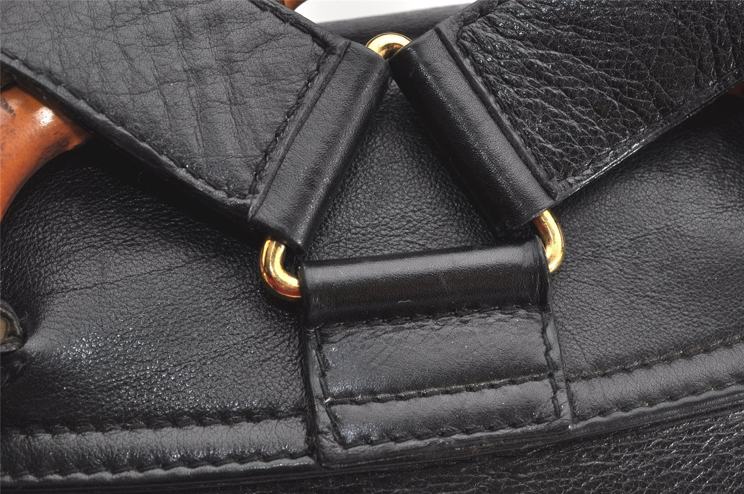 Authentic GUCCI Vintage Bamboo Drawstring Backpack Leather Black 2057K