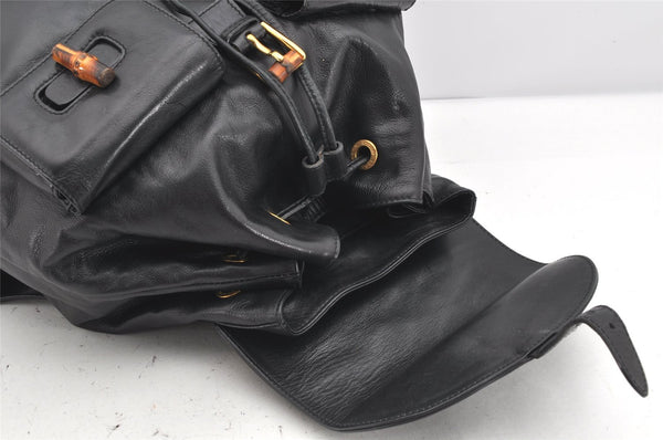 Authentic GUCCI Vintage Bamboo Drawstring Backpack Leather Black 2057K