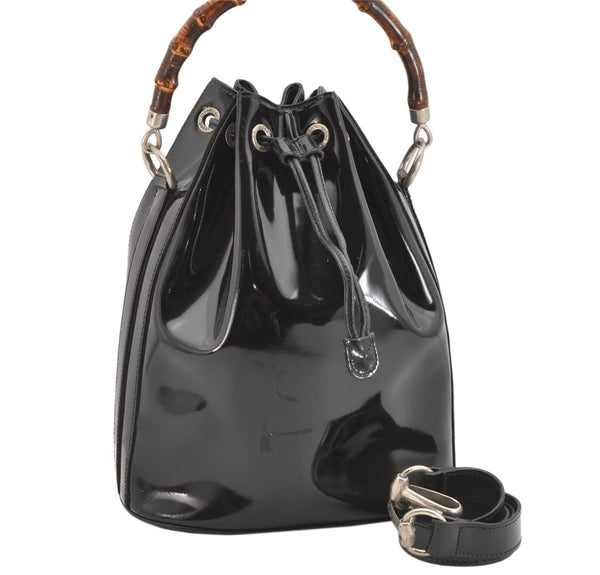Authentic GUCCI Bamboo 2Way Shoulder Drawstring Bag Purse Enamel Black 2058K